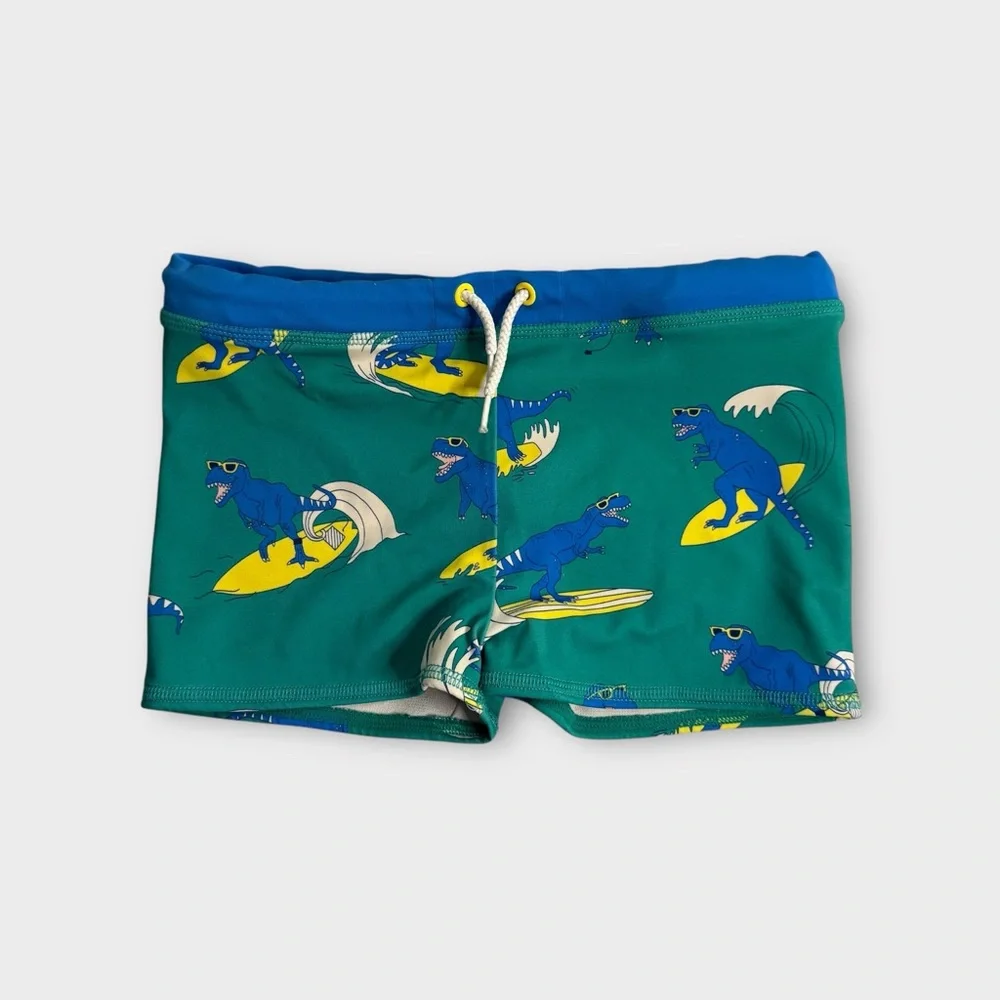 Mini Boden Blue Dinosaur Surf Wave Pattern Green Swim Shorts